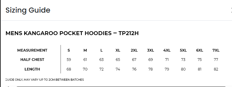 Men's hoodie sizing guide — TP212H